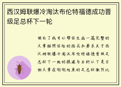 西汉姆联爆冷淘汰布伦特福德成功晋级足总杯下一轮