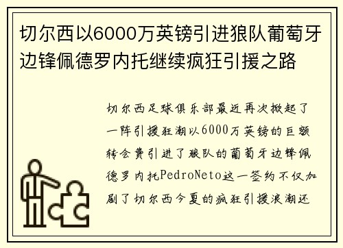 切尔西以6000万英镑引进狼队葡萄牙边锋佩德罗内托继续疯狂引援之路